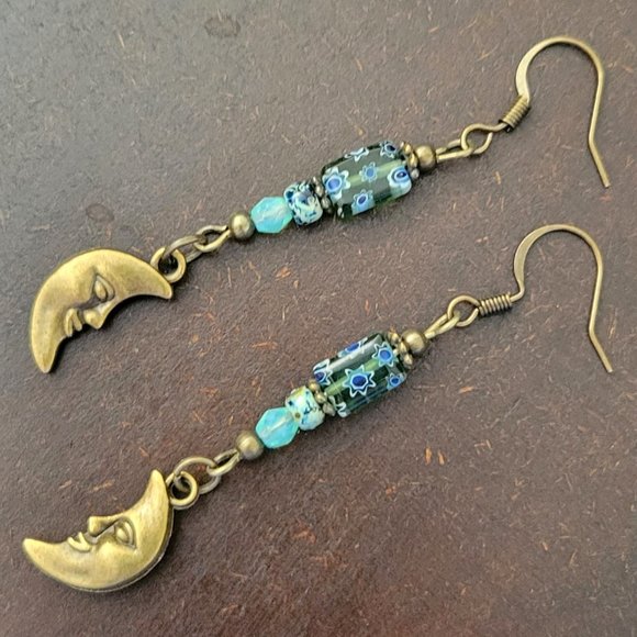 Crescent MOON Face Charm Earrings Millefiori Picasso Bronze Plated Hook Earwires - Picture 3 of 13